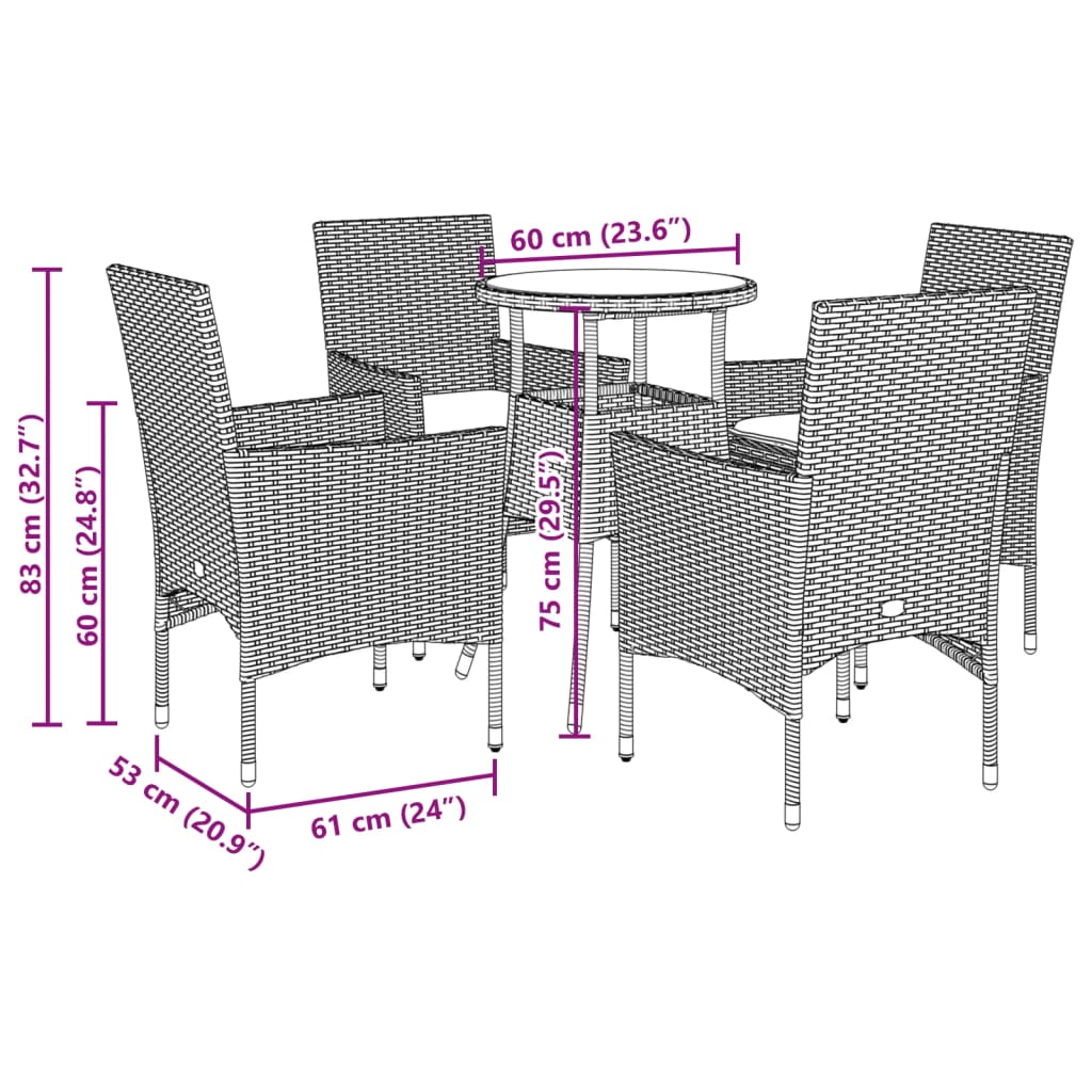 imagem de vidaXL 5pcs conjunto jantar jardim c/almofadões vime PE/vidro castanho8