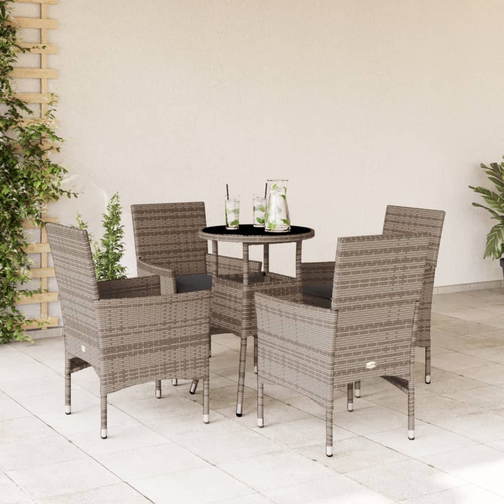 vidaXL 5-tlg. Garten-Essgruppe mit Kissen Grau Poly Rattan und Glas