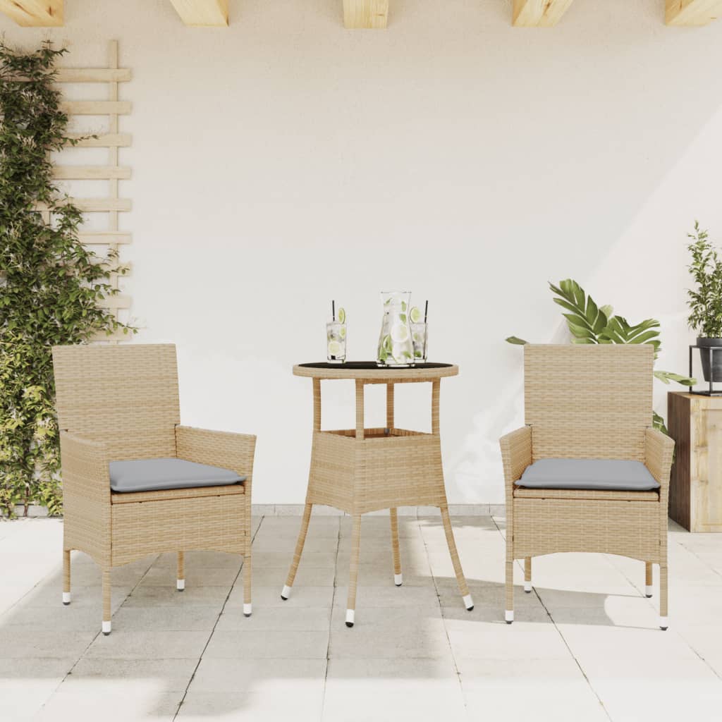 vidaXL 3-tlg. Garten-Essgruppe mit Kissen Beige Poly Rattan und Glas