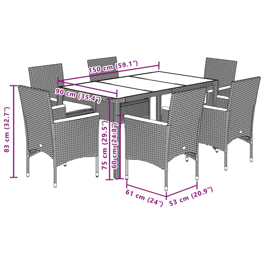 imagem de vidaXL 7 pcs conjunto jantar jardim c/ almofadões vime PE/acácia cinza8