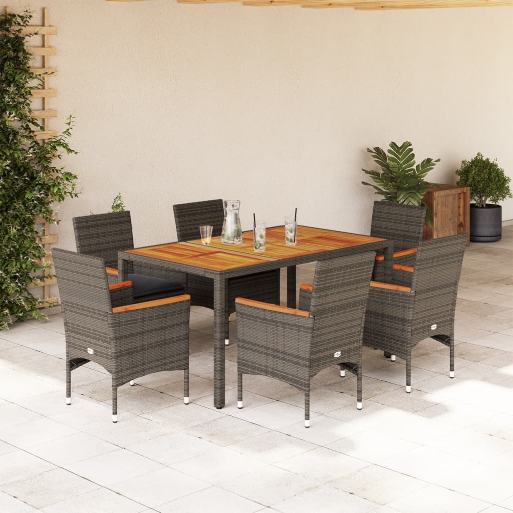 imagem de vidaXL 7 pcs conjunto jantar jardim c/ almofadões vime PE/acácia cinza1