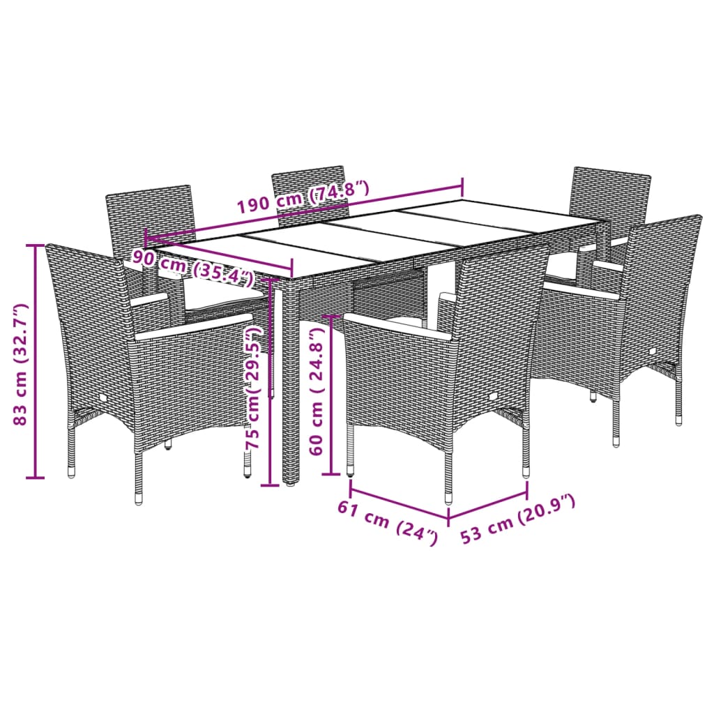 imagem de vidaXL 7 pcs conjunto jantar jardim c/ almofadões vime PE/acácia cinza8