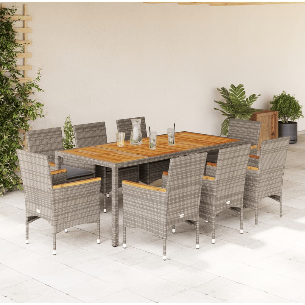 vidaXL 9-tlg. Garten-Essgruppe mit Kissen Grau Poly Rattan Akazie