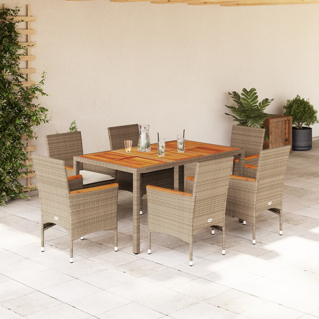 vidaXL 7-tlg. Garten-Essgruppe mit Kissen Beige Poly Rattan Akazie