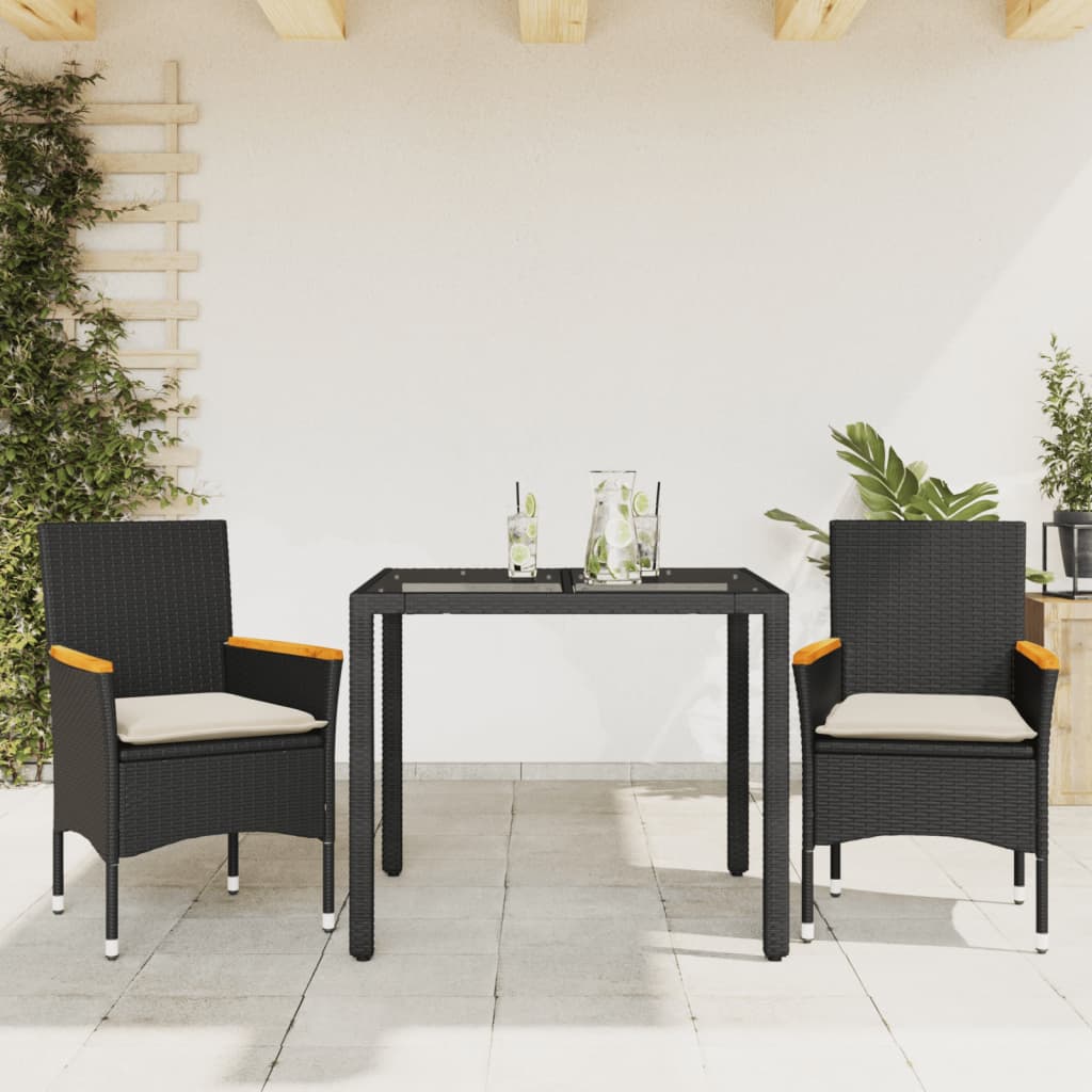 vidaXL 3-tlg. Garten-Essgruppe mit Kissen Schwarz Poly Rattan Glas