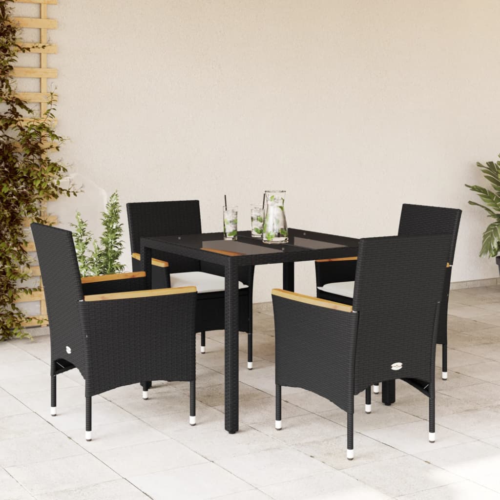 vidaXL 5-tlg. Garten-Essgruppe mit Kissen Schwarz Poly Rattan und Glas