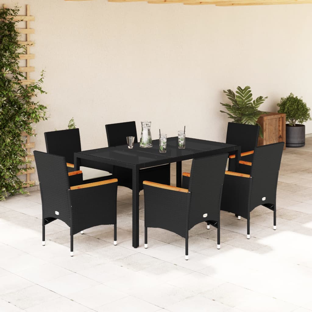 vidaXL 7-tlg. Garten-Essgruppe mit Kissen Schwarz Poly Rattan Glas