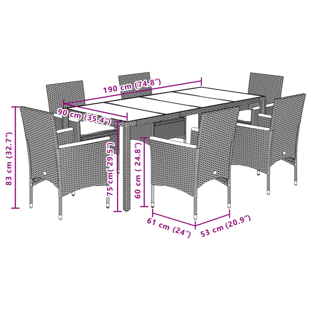 imagem de vidaXL 7 pcs conjunto jantar jardim c/almofadões vime PE/vidro preto8