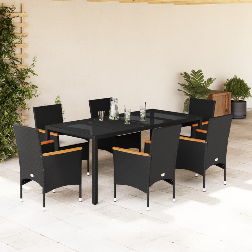 imagem de vidaXL 7 pcs conjunto jantar jardim c/almofadões vime PE/vidro preto1