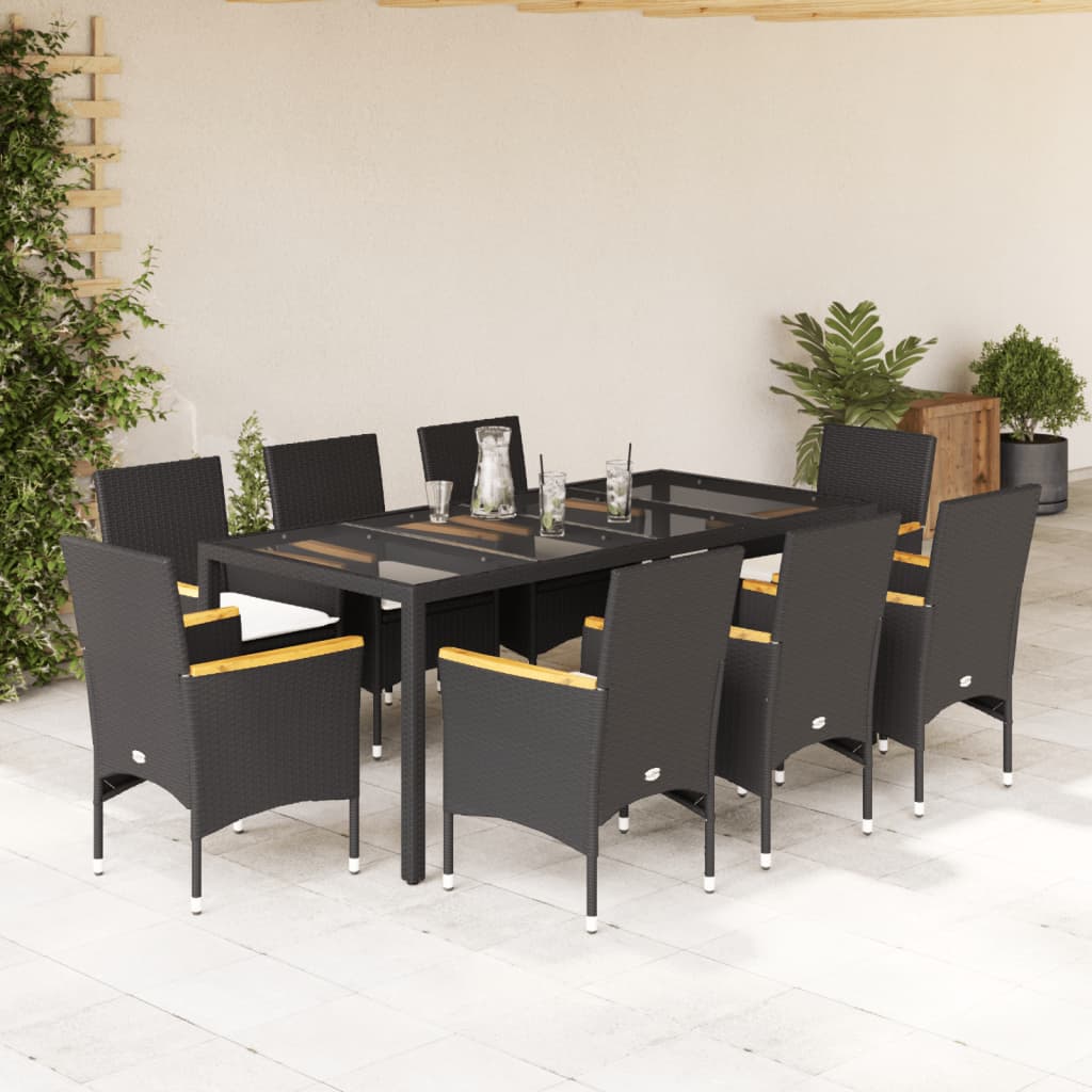 vidaXL 9-tlg. Garten-Essgruppe mit Kissen Schwarz Poly Rattan und Glas