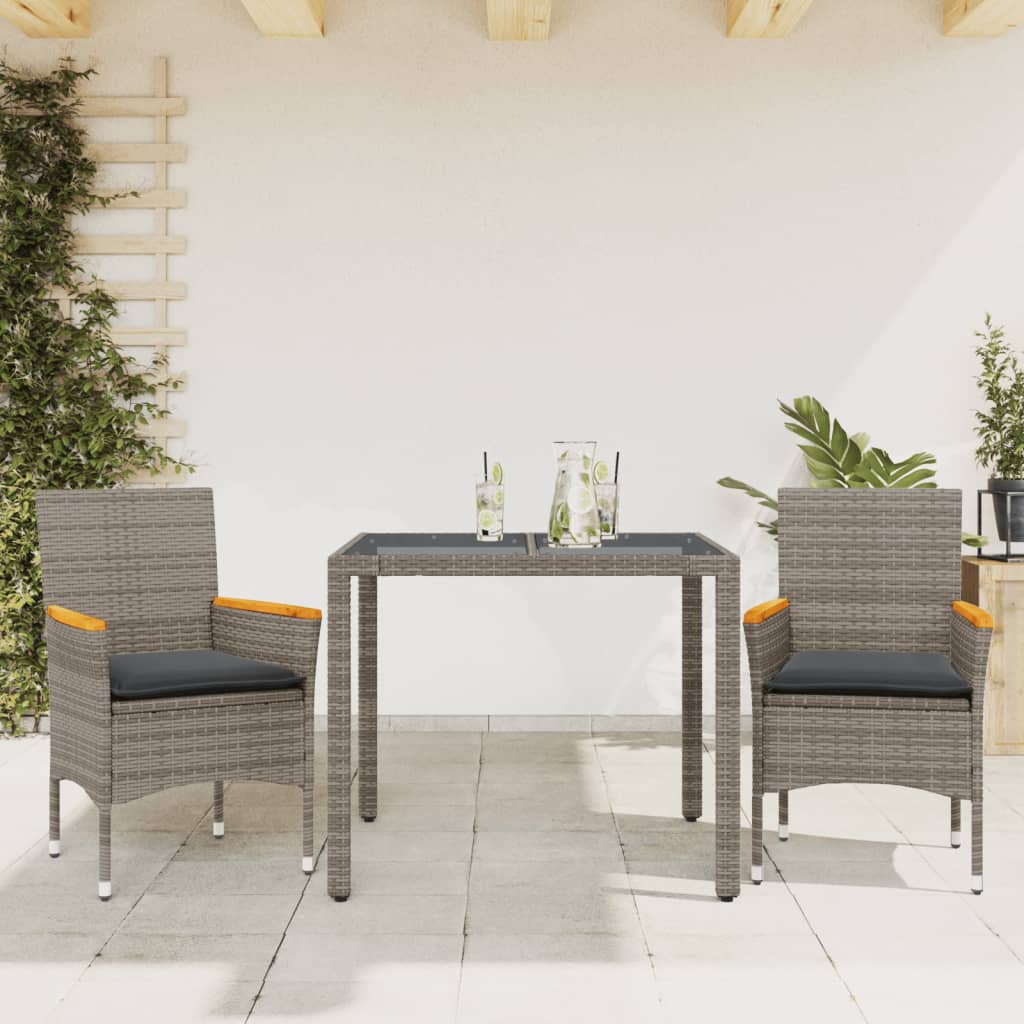 vidaXL 3-tlg. Garten-Essgruppe mit Kissen Grau Poly Rattan und Glas