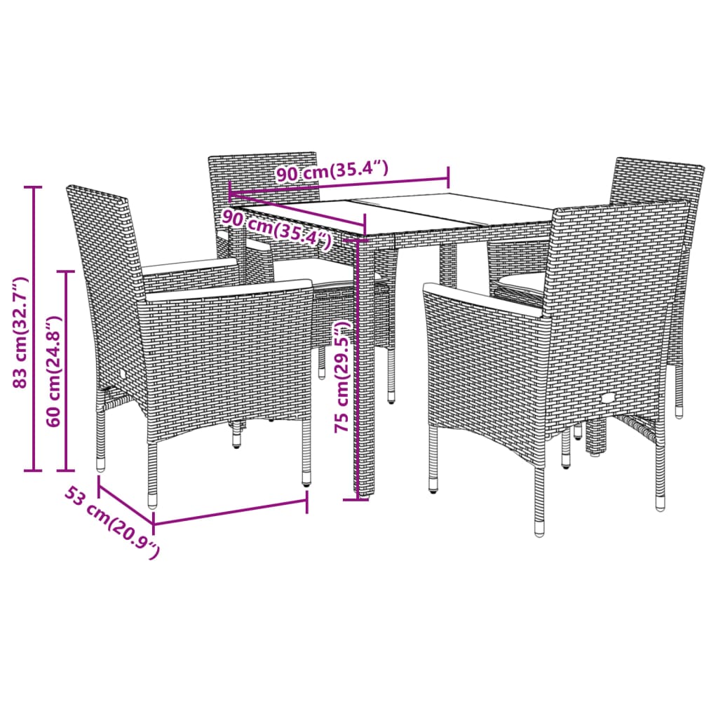 imagem de vidaXL 5 pcs conjunto jantar jardim c/ almofadões vime PE/vidro cinza8