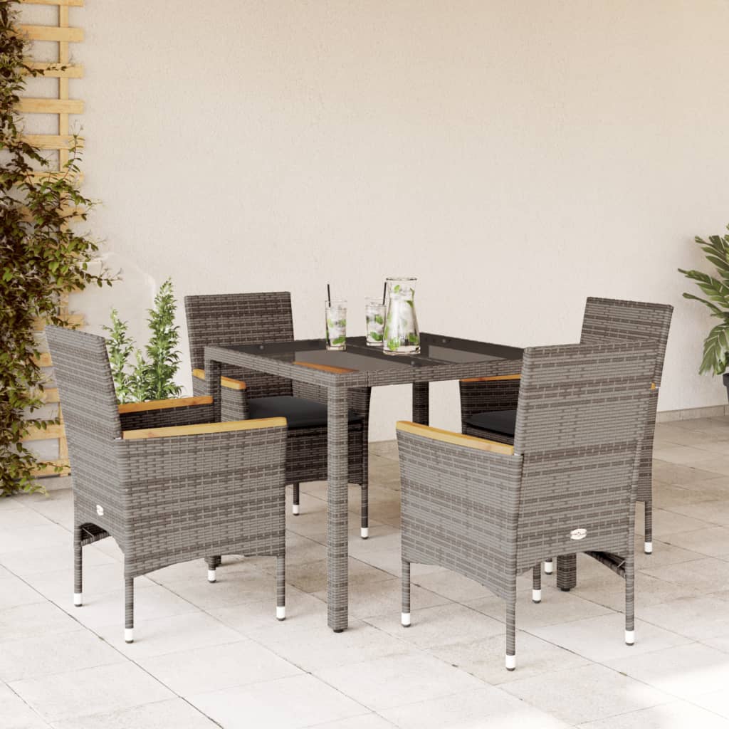 vidaXL 5-tlg. Garten-Essgruppe mit Kissen Grau Poly Rattan und Glas