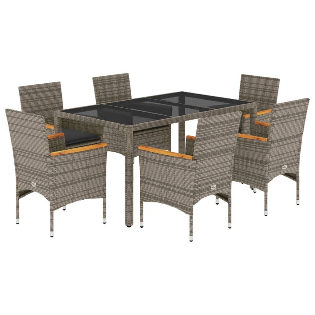 Thumbnail - vidaXL 7-tlg. Garten-Essgruppe mit Kissen Grau Poly Rattan und Glas