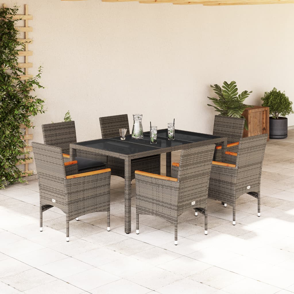 vidaXL 7-tlg. Garten-Essgruppe mit Kissen Grau Poly Rattan und Glas