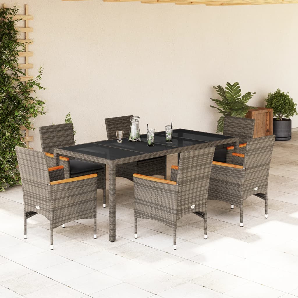 vidaXL 7-tlg. Garten-Essgruppe mit Kissen Grau Poly Rattan und Glas