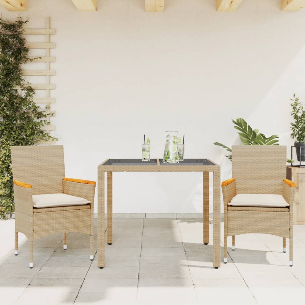 vidaXL 3-tlg. Garten-Essgruppe mit Kissen Beige Poly Rattan und Glas