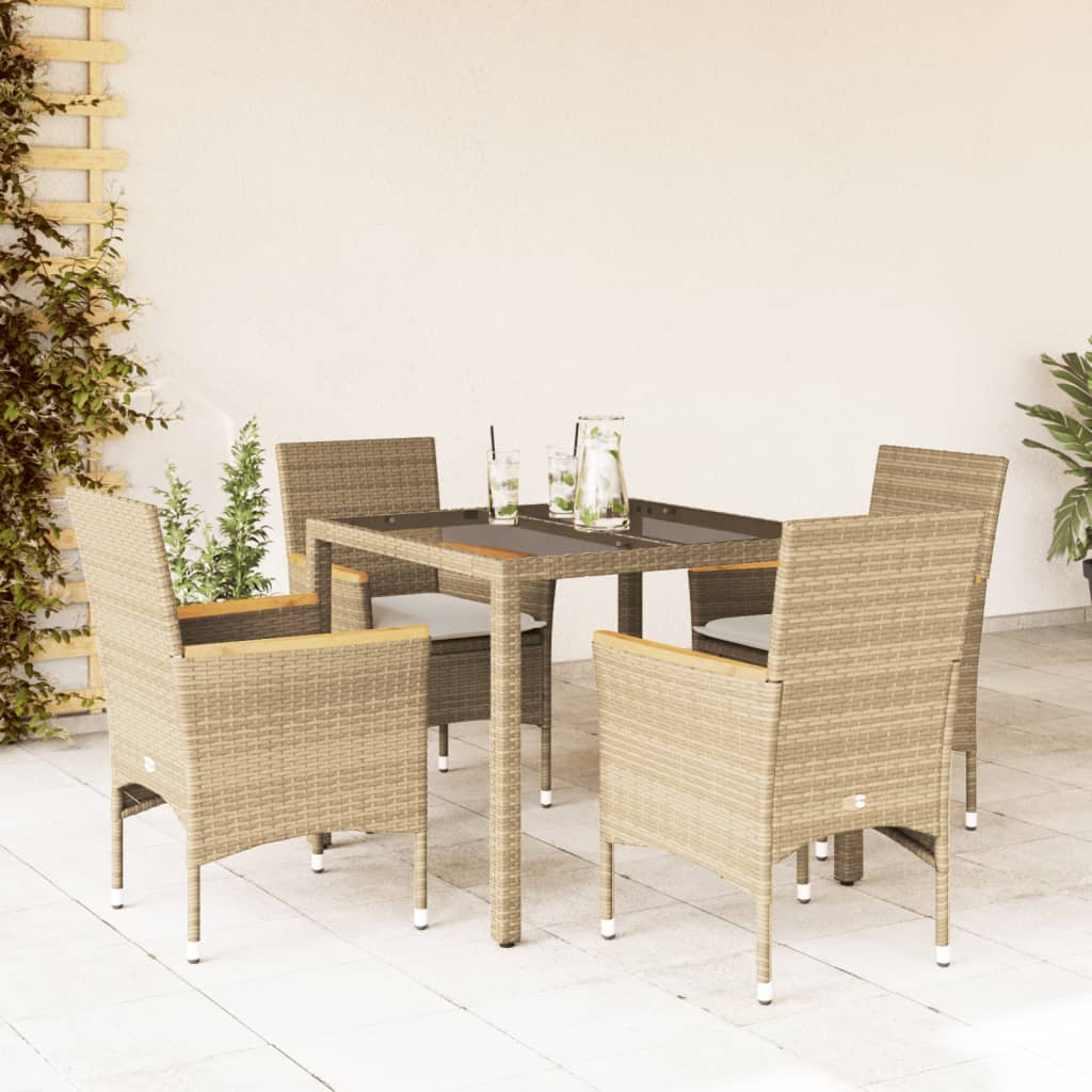 vidaXL 5-tlg. Garten-Essgruppe mit Kissen Beige Poly Rattan und Glas