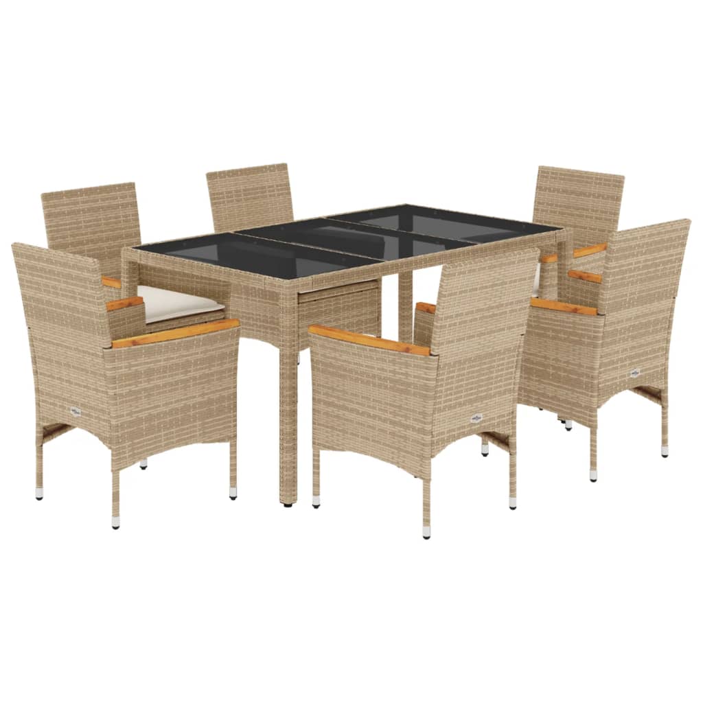 Thumbnail - vidaXL 7-tlg. Garten-Essgruppe mit Kissen Beige Poly Rattan und Glas
