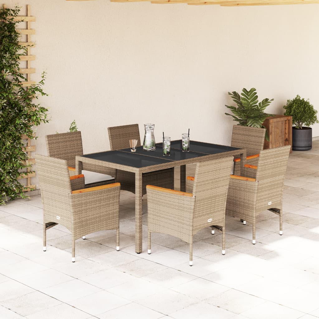 vidaXL 7-tlg. Garten-Essgruppe mit Kissen Beige Poly Rattan und Glas