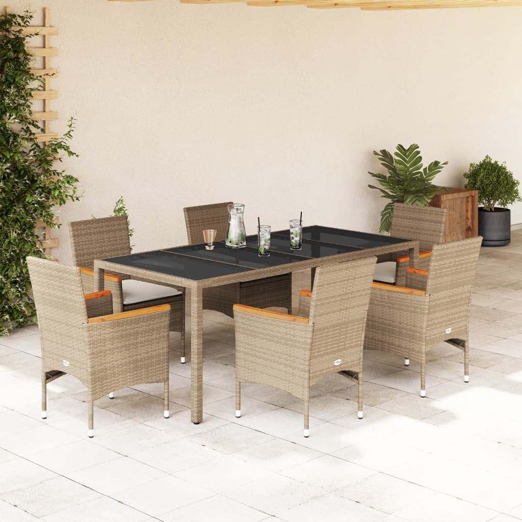 vidaXL 7-tlg. Garten-Essgruppe mit Kissen Beige Poly Rattan und Glas