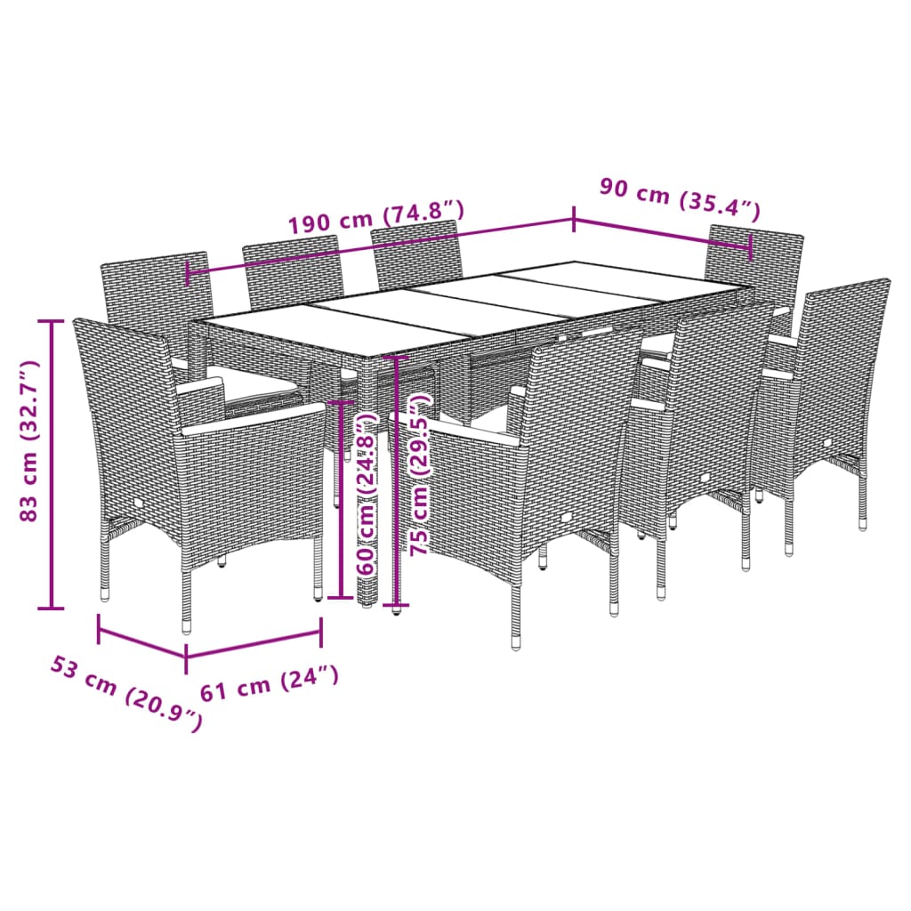 imagem de vidaXL 9 pcs conjunto jantar jardim com almofadões vime PE/vidro bege8