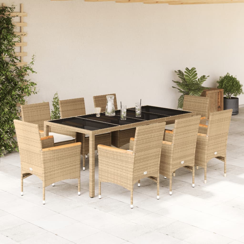 imagem de vidaXL 9 pcs conjunto jantar jardim com almofadões vime PE/vidro bege1