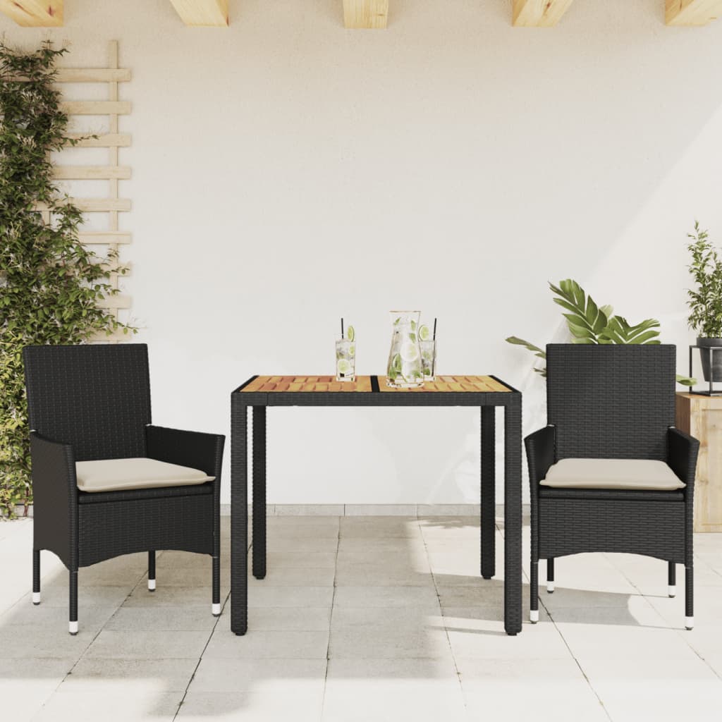 vidaXL 3-tlg. Garten-Essgruppe mit Kissen Schwarz Poly Rattan Akazie