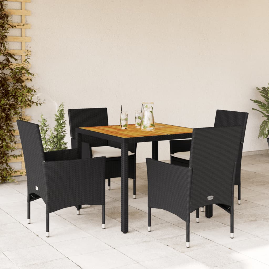 Spisebordssæt Til Haven 5 Dele Med Hynder Polyrattan Akacie - 4 / Sort og cremefarvet / 90 x 90 x 75 cm