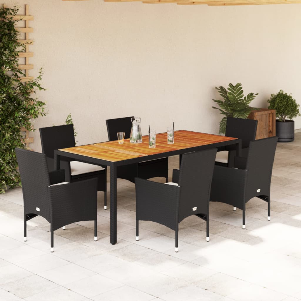 vidaXL 7-tlg. Garten-Essgruppe mit Kissen Schwarz Poly Rattan Akazie