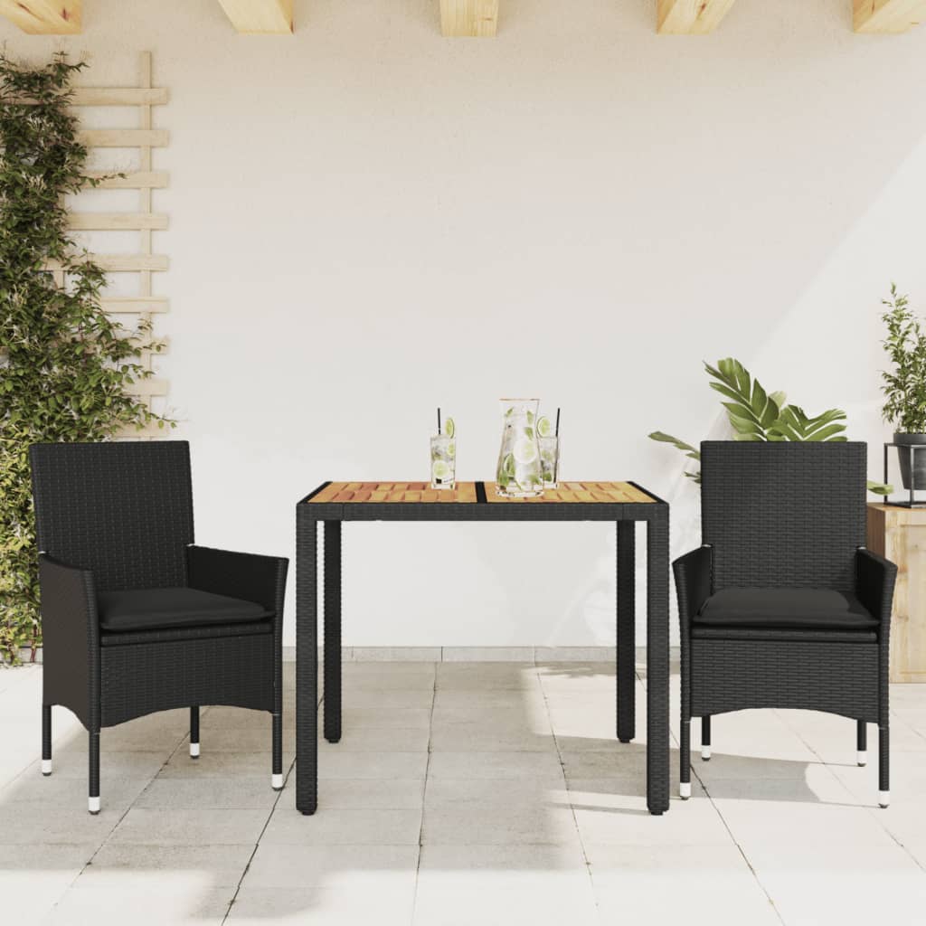 vidaXL 3-tlg. Garten-Essgruppe mit Kissen Schwarz Poly Rattan Akazie