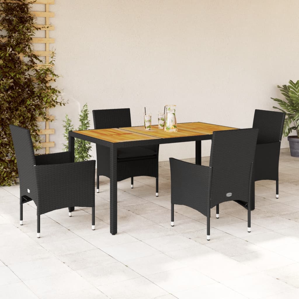 vidaXL 5-tlg. Garten-Essgruppe mit Kissen Schwarz Poly Rattan Akazie