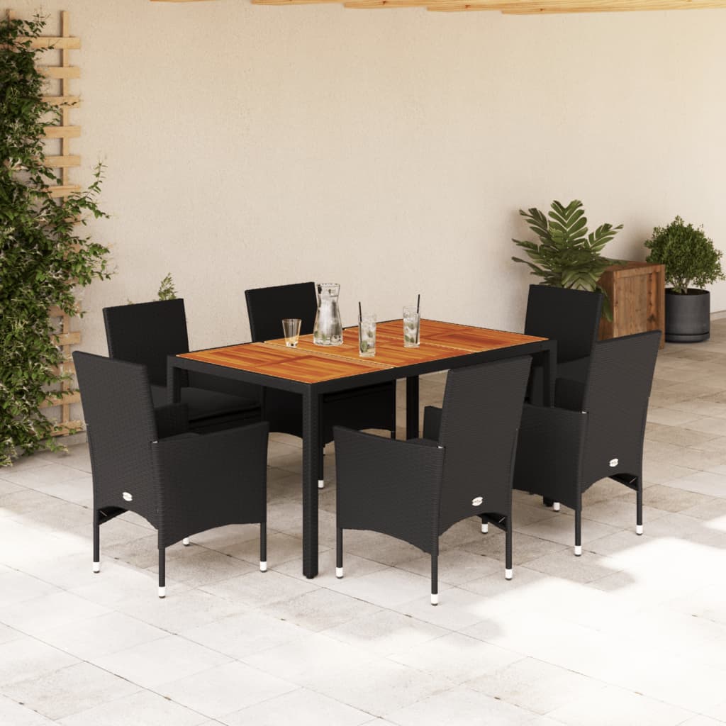 vidaXL 7-tlg. Garten-Essgruppe mit Kissen Schwarz Poly Rattan Akazie