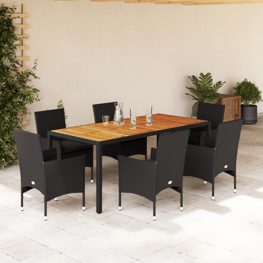 vidaXL 7-tlg. Garten-Essgruppe mit Kissen Schwarz Poly Rattan Akazie