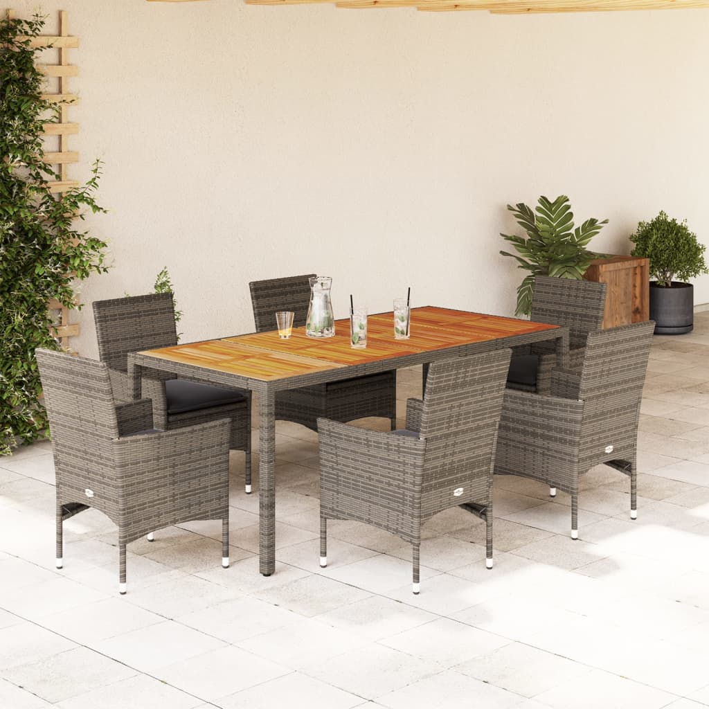 vidaXL 7-tlg. Garten-Essgruppe mit Kissen Grau Poly Rattan Akazie