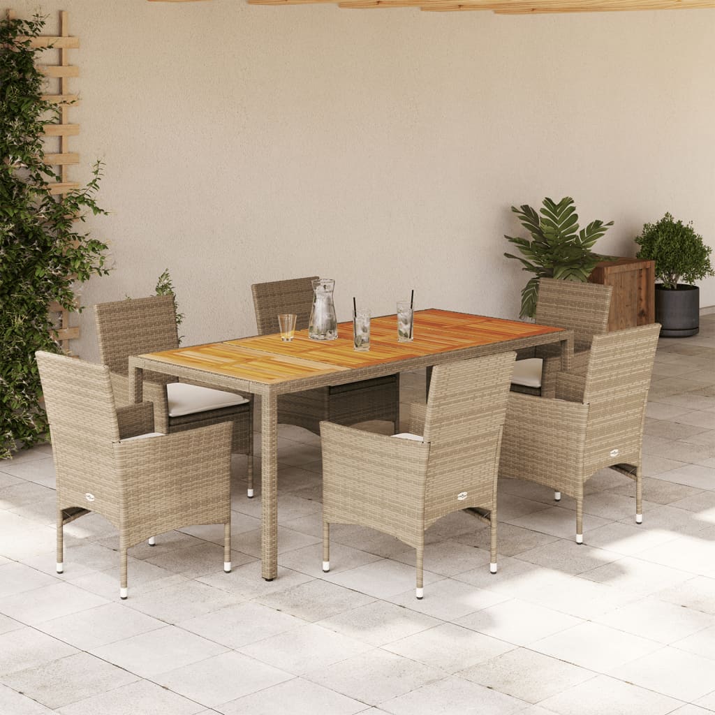 vidaXL 7-tlg. Garten-Essgruppe mit Kissen Beige Poly Rattan Akazie