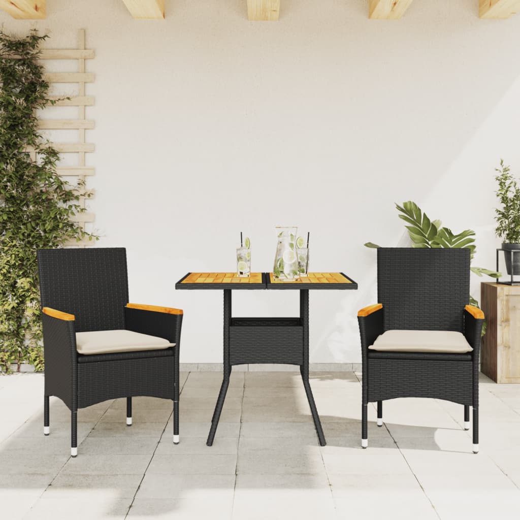 vidaXL 3-tlg. Garten-Essgruppe mit Kissen Schwarz Poly Rattan Akazie