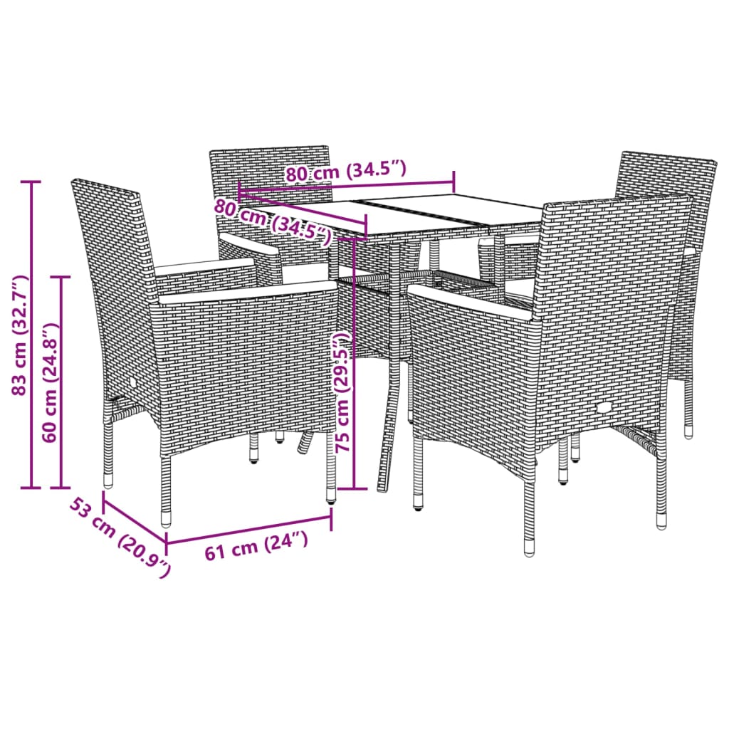 imagem de vidaXL 5 pcs conjunto jantar jardim c/ almofadões vime PE/acácia preto8