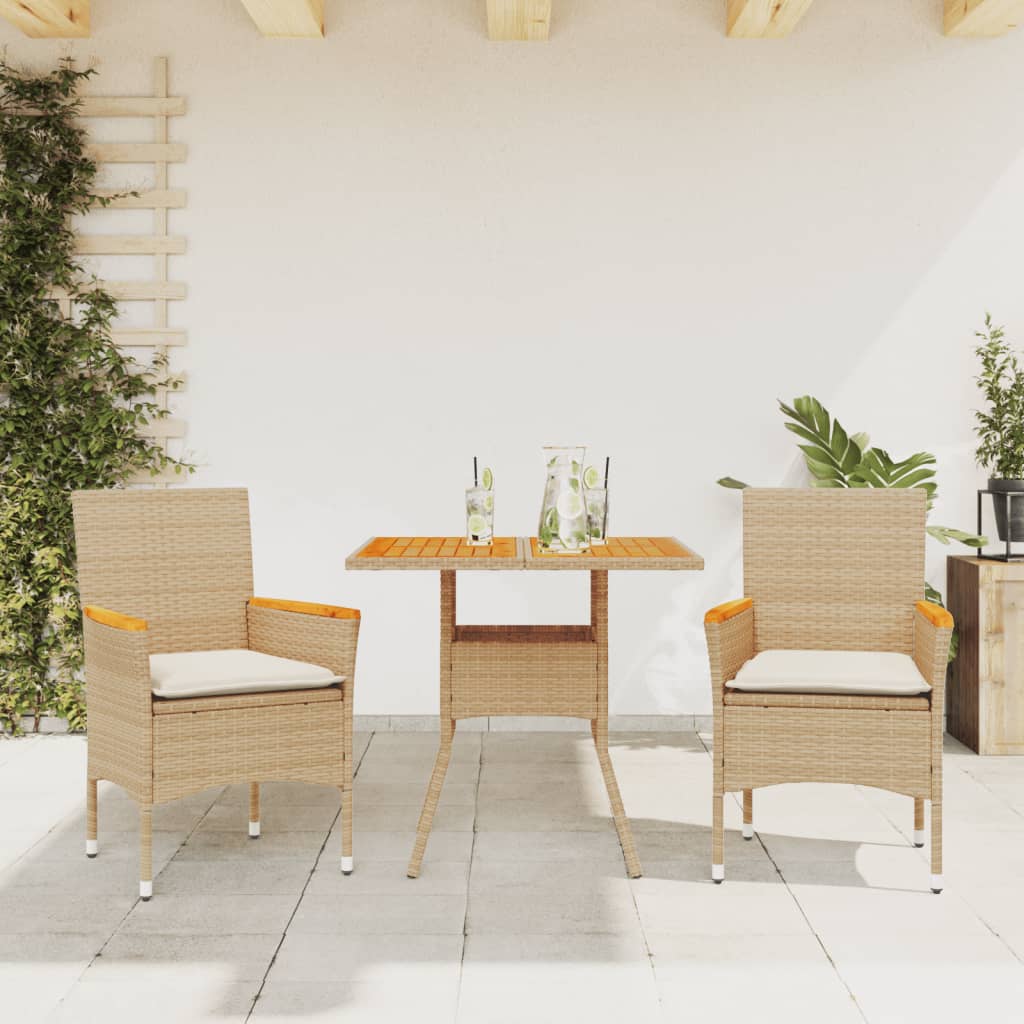 vidaXL 3-tlg. Garten-Essgruppe mit Kissen Beige Poly Rattan Akazie