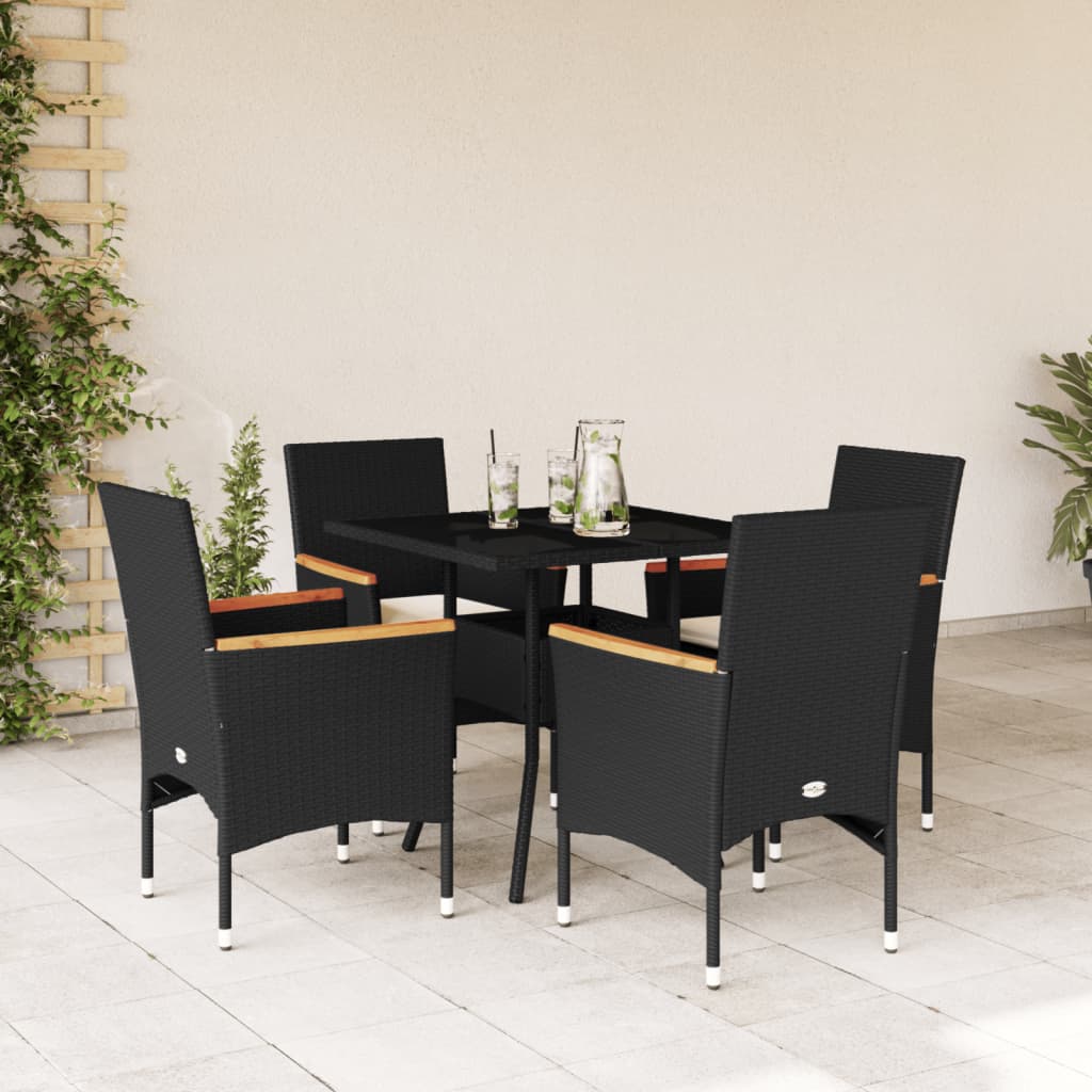 vidaXL 5-tlg. Garten-Essgruppe mit Kissen Schwarz Poly Rattan und Glas