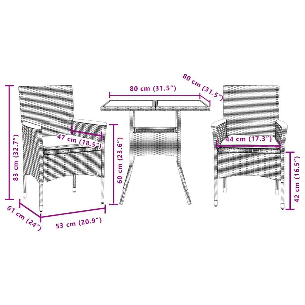 imagem de vidaXL 3 pcs conjunto jantar jardim c/ almofadões vime PE/vidro cinza8