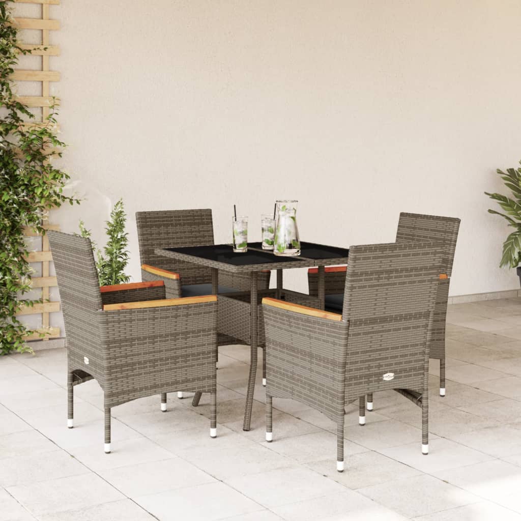 Spisebordssæt Til Haven 3 Dele Med Hynder Polyrattan Og Glas - 4 / Grå / Armlæn i træ