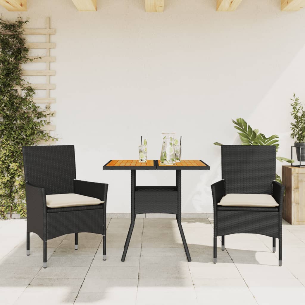 vidaXL Set mobilier grădină perne 3 piese negru poliratan/lemn acacia