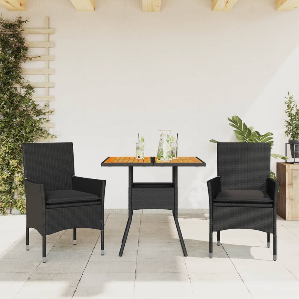 vidaXL 3-tlg. Garten-Essgruppe mit Kissen Schwarz Poly Rattan Akazie