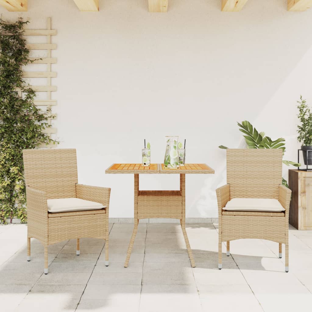 vidaXL 3-tlg. Garten-Essgruppe mit Kissen Beige Poly Rattan Akazie