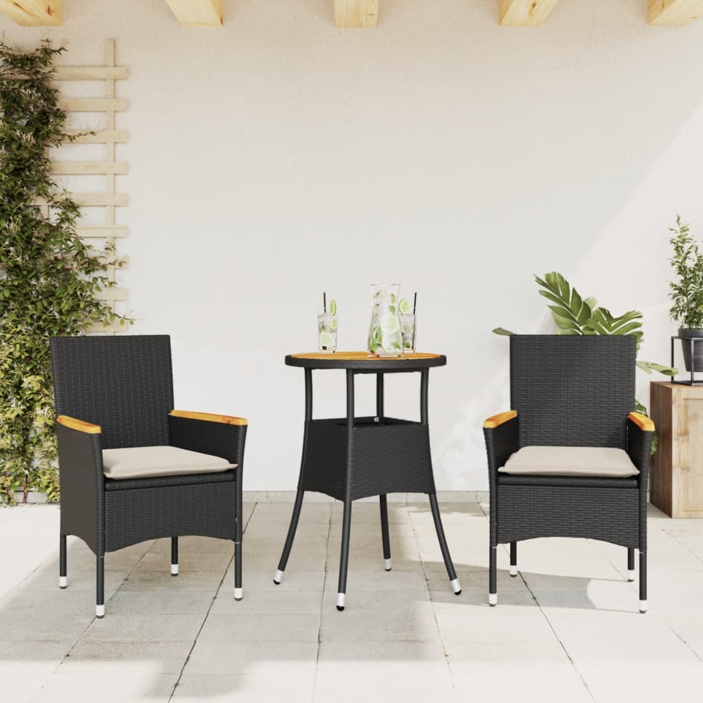 vidaXL 3-tlg. Garten-Essgruppe mit Kissen Schwarz Poly Rattan Akazie