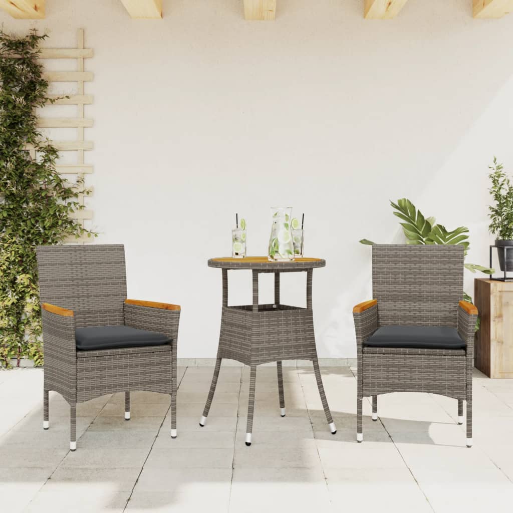 vidaXL 3-tlg. Garten-Essgruppe mit Kissen Grau Poly Rattan Akazie