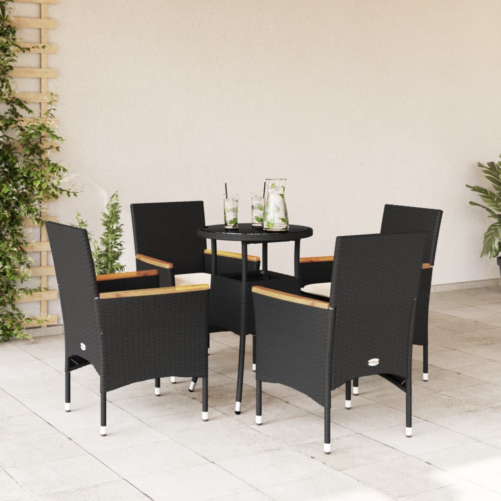 vidaXL 5-tlg. Garten-Essgruppe mit Kissen Schwarz Poly Rattan und Glas