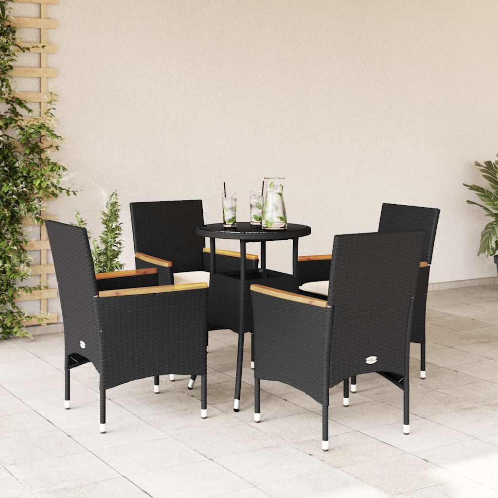 Spisebordssæt til haven i polyrattan med glas - 5 dele, sort, inkl. hynder