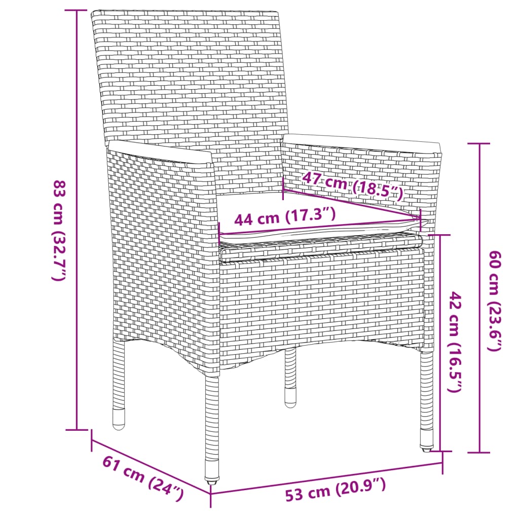 imagem de vidaXL 3 pcs conjunto jantar jardim c/ almofadões vime PE/vidro cinza9